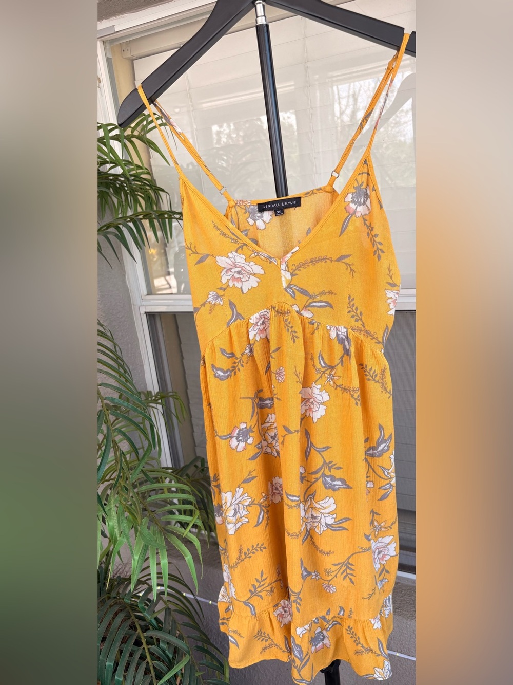 Kendall & Kylie Mustard Yellow Floral Spaghetti Strap Dress